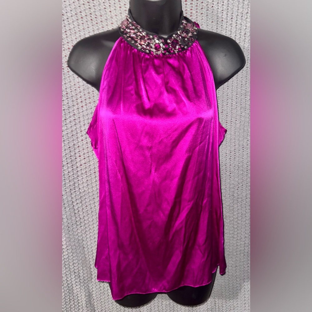 Vintage‎ CACHE Silk Embellished Halter Neck Top Pink Purple Size Medium